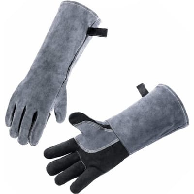 1 Paire Gants de Soudure Forge Résistants aux Hautes Températures Cuir de Vache Gants de Barbecue Gants de Cuisine pour Micro-ondes Cuisson 14 Pouces gray