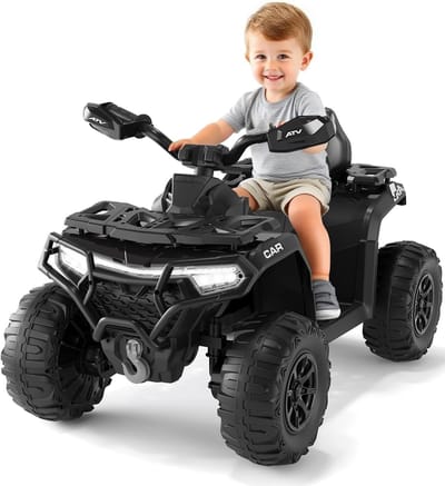 HOERFURIY-Elektrische kinderauto-Elektrische quad voor kinderen 12V, 4-wielige terreinwagen met 2 motoren, afstandsbediening Bluetooth, USB, vanaf 3 jaar, wit