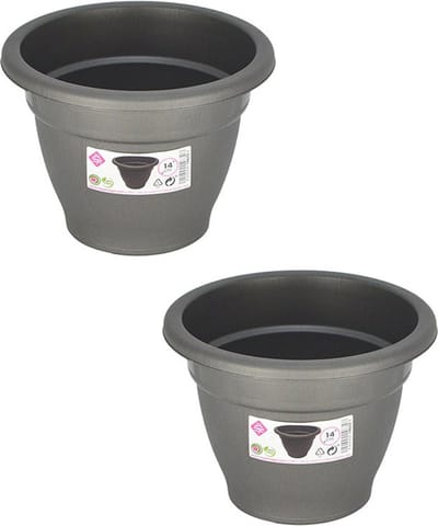 Set van 4x stuks grijze ronde plantenpot/bloempot kunststof diameter 14 cm - Plantenbakken/bloembakken voor buiten