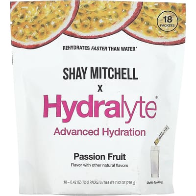 Hydralyte, Shay Mitchell, krachtige hydratatie, passievrucht, 18 zakjes, 12 g (0,42 oz) elk