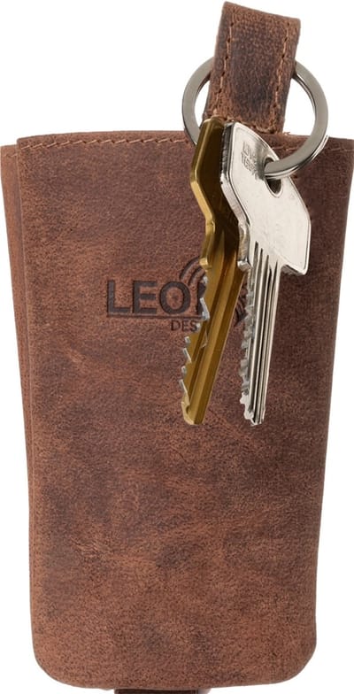 LeonDesign - Sleuteletui klokmodel - Donkerbruin hunter leer - Dames & heren sleutelhouder - Met handige drukknop - Luxe sleutelhoesje