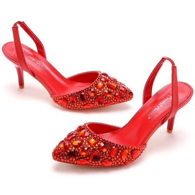 7cm Sandalen met lage punt, gekleurde strasssteentjes, sandalen met slanke hak, grote maat, trouwschoenen, bruid, trouwbanket, schoenen vol diamanten 38 red