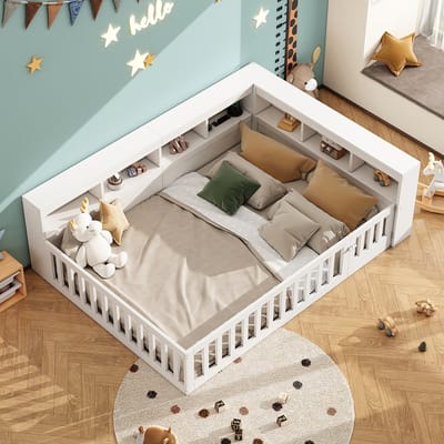Komhtom Dagbed, 140*200 cm, dagbed, slaapbank, bedzijde met opbergvak, bed met lattenbodem (zonder matras), balustrade, spaanplaat, met stopcontact en USB, wit