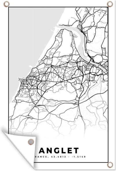 Muurdecoratie Anglet - Stadskaart – Plattegrond – Kaart – Frankrijk - Zwart wit - 120x180 cm - Tuinposter - Tuindoek
