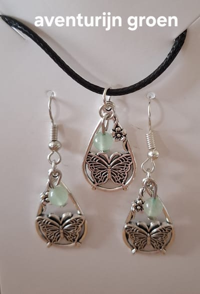 Set Ketting / Oorbellen Waterdruppel / Vlinder Aventurijn Groen