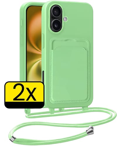 Hoesje Geschikt voor iPhone 16 Plus Telefoonhoesje Met Koord Case Pashouder Siliconen - Hoes Geschikt voor iPhone 16 Plus Hoesje Met Kaarthouder - Groen - 2 Stuks