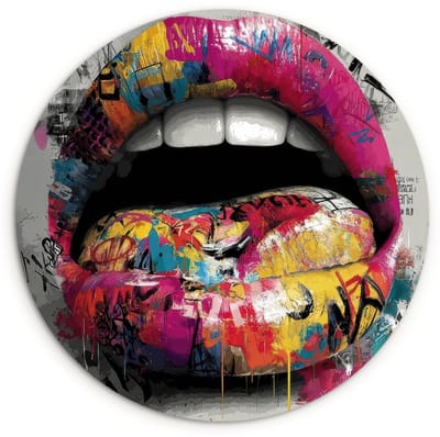 WallCircle® Wandcirkel 120x120 cm - Muurcirkel Lippen - Graffiti - Expressief - Muurdecoratie woonkamer - Wanddecoratie slaapkamer - Kamer decoratie accessoires - Ronde schilderijen XXL