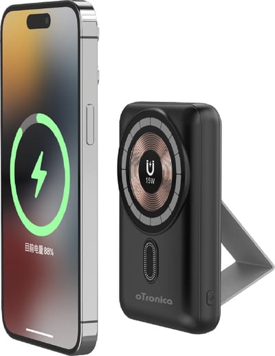 Otronica Draadloze Powerbank + Standaard- 10000 mAh - Geschikt voor Magsafe iPhone 12, 13, 14, 15, 16 - USB C 20W Snellader - Draadloze Oplader