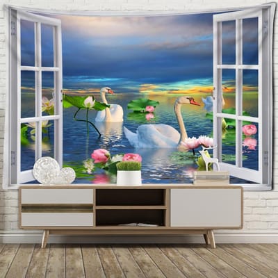 Imitatie Raam Landschap Wandtapijt Muurhanger Tropische Boom Zeezijde Kunst Boheems Hippie Slaapzaal Huisdecoratie 95x70cm