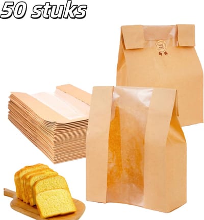 50 stuks - Broodzakjes - kraftpapieren zakjes - met transparant venster - geschikt voor het verpakken, bewaren en meenemen van ontbijt en lunch met gebak - 21*10*32 cm - geel