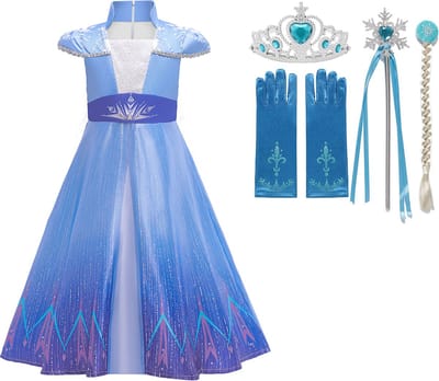 Prinsessenjurk meisje - Verkleedkleding meisje - Elsa verkleedkleren - Het Betere Merk - maat 92/98 (100) - Tiara - Kroon - Toverstaf - Haarvlecht - Handschoenen - Verkleedjurk - Prinsessen speelgoed - Cadeau meisje - Kleed