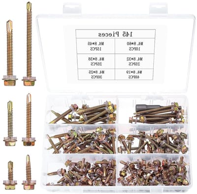 Set van 145 Zelftappende Schroeven met Sealing Washers voor Metaal, Hout, Meubels en Plastic - M4.2 Hex Disc Head Schroeven voor Diverse Toepassingen