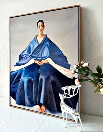 Fine Asianliving Olieverf Schilderij 100% Handgeschilderd Zwarte Omlijsting 80x80cm Chinese Vrouw Blauw