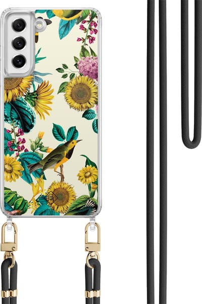 Casimoda® hoesje met koord - Geschikt voor Samsung S21 FE - Zonnebloemen / Bloemen - Afneembaar koord - TPU/polycarbonaat - Geel
