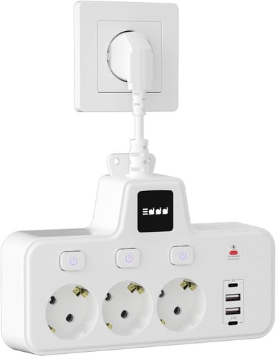 Stekkerdoos 3-voudig met 2 USB A en 2 Type-C snellaadpoorten, aanraakscherm-nachtlamp (3 helderheidsniveaus). Stopcontactschakelaar met enkele schakelaars voor kantoor, thuis, reizen, wit