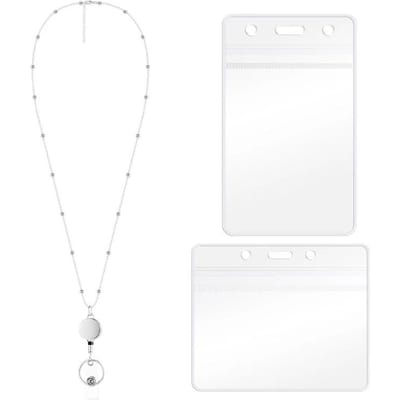 Intrekbare Badgehouder Lanyard ID-kaarthouders Roestvrijstalen Ketting Kettingen Sleutelhanger Clip voor Dames Heren Werknemer Groothandel zilver