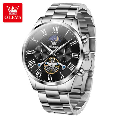 HO-3640.z-zw : Olevs zilverkl edelstaal chronografisch quartz horloge, zwarte wijzerplaat, 2de tijdzone & uren & minuten & maanfase -aanduiding