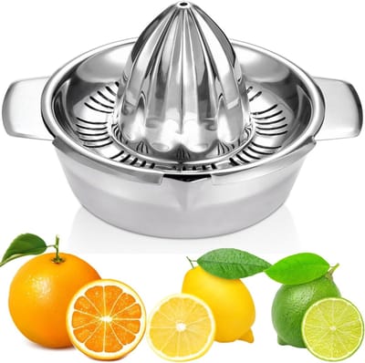 Handmatige citruspers van robuust 304 roestvrij staal voor sinaasappel, grapefruit en limoen met zeef en 350 ml container, 2 schenktuiten, diameter 13,8 cm, vaatwasmachinebestendig,