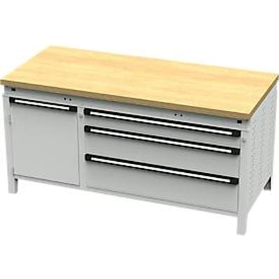 Otto Kind brede werkbank type 440, multiplexplaat van beukenhout, vlak afgeschoten, tot 1400 kg, B 1697 x D 750 x H 850 mm, staal, centrale vergrendeling, lichtgrijs/lichtgrijs