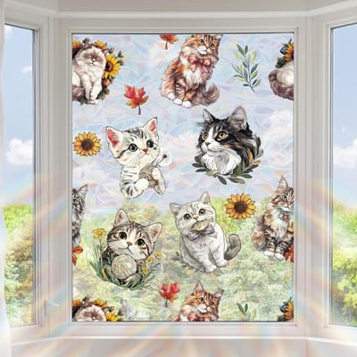 EGoods - Glas-in-Lood Raamfolie 100x43 cm voor Katten | Schattige 3D Holografische Glasstickers | Decoratieve Raamprivacyfolie voor Thuis, Kamer en Kantoor
