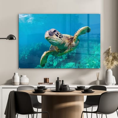 MuchoWow® Glasschilderij 120x80 cm - Schilderij acrylglas - Zeeschildpad zwemmend in Hawai - Foto op glas - Schilderijen