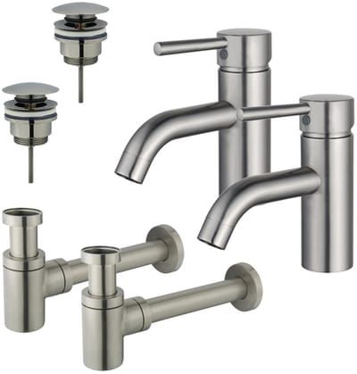 FugaFlow Eccelente Sobrado Badkamer Wastafelkraanset - voor dubbele wastafel - lage wastafelkraan - klikwaste plug - verlaagde design sifon - PVD Geborsteld RVS