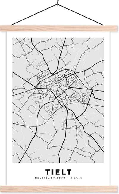 Posterhanger incl. Poster 40x60 cm - Schoolplaat - Zwart Wit – België – Plattegrond – Stadskaart – Kaart – Tielt - Textielposter - Blanke latten - Stadskaart