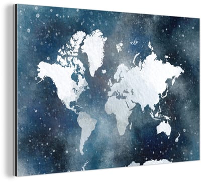 Aluminium schilderij 150x100 cm - Wanddecoratie metaal - Wereldkaart - Sterrenhemel - Waterverf - Metalen muurdecoratie woonkamer - Decoratie industrieel - Foto op dibond - Industriële accessoires slaapkamer