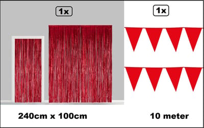 Set Folie gordijn metallic 2,4m x 1m rood + vlaggenlijn rood 10 meter - Decoratie festival themafeest carnaval gala disco glitter and glamour wanddeco