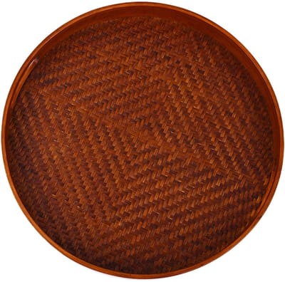 Decopatent - Bamboe Dienblad Rond - Diameter: 38 Cm - Dienblad met handvaten - Schaal - Presenteerblad - Serveerschaal - Woonaccessoires - Gevlochten Donker Bamboe Riet - Afm: 38 x 38 x 5 Cm.