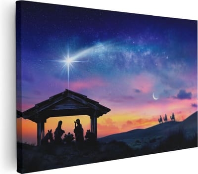 Artaza Canvas Schilderij Geboorte Jezus - 30x20 cm - Klein - Christelijke Muurdecoratie - Wanddecoratie Zonsondergang - Kamer Accessoires