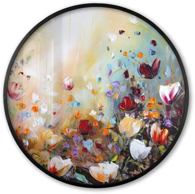 Poster in lijst Rond - Fotolijst 60x60 cm - Posters - Olieverf - Bloemen - Kleurrijk - Natuur - Ronde posterlijst zwart - Decoratie - Wanddecoratie woonkamer - Muurdecoratie slaapkamer