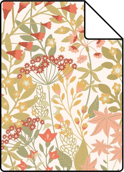 Proefstaal ESTAhome behang veldbloemen groen, roze en okergeel - 26.5 x 21 cm - 131349-S