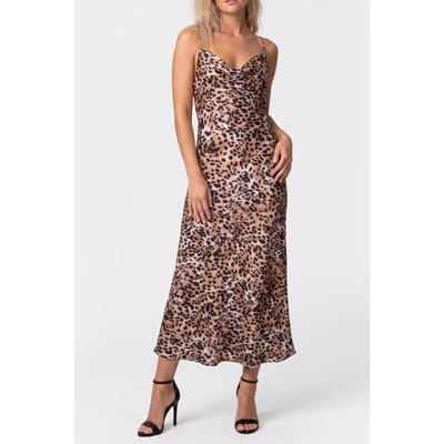 GUESS  Eco New Akilina Dress Cheetah Skin Print Maat: S | Midi Jurken Outlet | Dames | Bruin