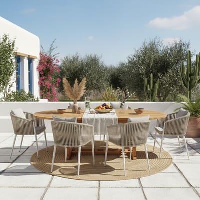AXI Marzi/Faye 180-240 cm Dining Tuinset 7-delig Teak/Beige - Uitschuifbaar – Tuinset 6 Personen – Ovale Houten Tuintafel 180–240 cm – Aluminium Tuinstoelen met Kussens – Luxe Tuinmeubelen Set voor Terras en Tuin