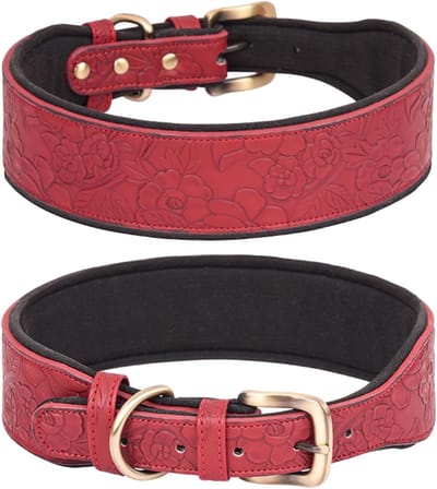 halsband, voor grote honden, middelgrote honden en kleine honden, PU-lederen halsband voor honden, lederen halsbanden met reliëfprint (XL, rood)