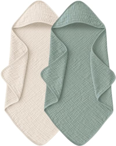 Badcape | Beige&Groen | Set van 2 | Zachte hydrofiel | Katoen | Wikkeldeken | Doek | Capuchon | Baby | Kind | Kraamcadeau