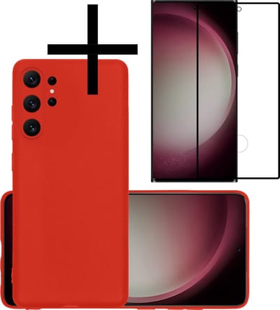 Hoesje - Met Screenprotector - Geschikt voor Samsung Galaxy S23 Ultra - Sterk & Shockproof - Back Cover - Siliconen Case - Telefoon Hoes - Rood