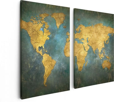 Artaza Canvas Schilderij Tweeluik Wereldkaart In Retro Stijl - 80x60 cm - Wanddecoratie Woonkamer - Schilderijen - Muurdecoratie