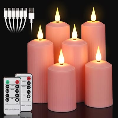 Set van 6 oplaadbare LED-kaarsen met afstandsbediening - Vlamloze waterdichte kaarsen voor buiten - Inclusief 6/8 uur timer - Roze