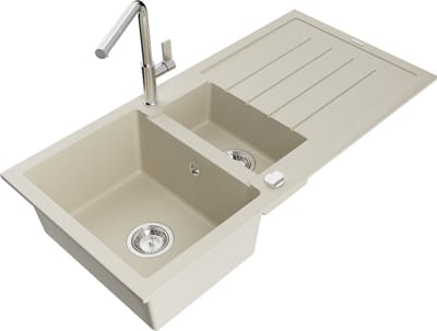 Mexen Andres granieten gootsteen 1,5-kamer met afdruiprek en keukenkraan Flora, beige - 6515-69-670401-00