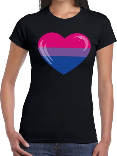 Gay pride biseksueel hart t-shirt zwart - hart in Bi kleuren voor dames - LHBT kleding XS