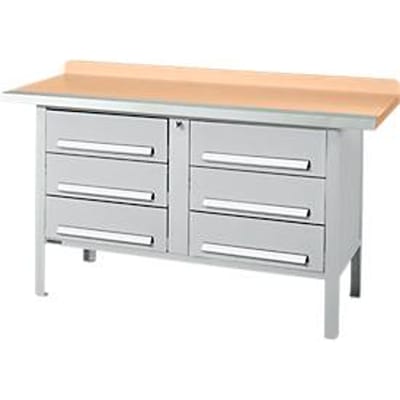 Box-type werkbank Schäfer Shop Select PWi 150-6, beuken multiplex blad, met stalen rand, tot 750 kg, B 1500 x D 700 x H 840 mm, blank aluminium