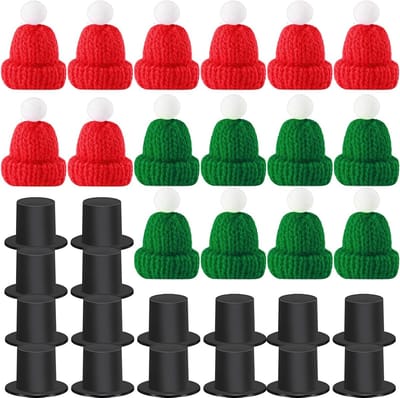 32-delige Set Mini Sneeuwman Hoedjes voor Kerstdecoratie, Inclusief Gebreide en Plastic Ornamenten, Perfect voor Creatieve Projecten en Cadeaus