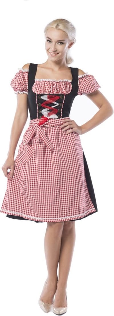 Partychimp Oktoberfest Dirndl Dames Anne-Ruth Lang Oktoberfest Dames Carnavalskleding Dames Carnaval Kostuum Dames - Polyester - Rood/Zwart - Maat XL/42