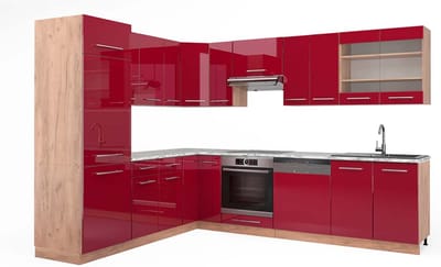 Vicco Hoekkeuken Fame-Line, Bordeauxrode hoogglans/Goudkleurig Eiken, 287 x 227 cm, WB Marmer