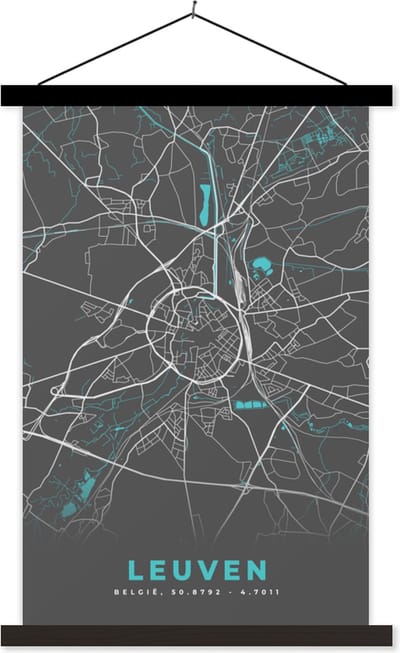 Posterhanger incl. Poster 40x60 cm - Schoolplaat - Plattegrond – Leuven – Blauw – Stadskaart - Kaart - België - Textielposter - Zwarte latten - Stadskaart
