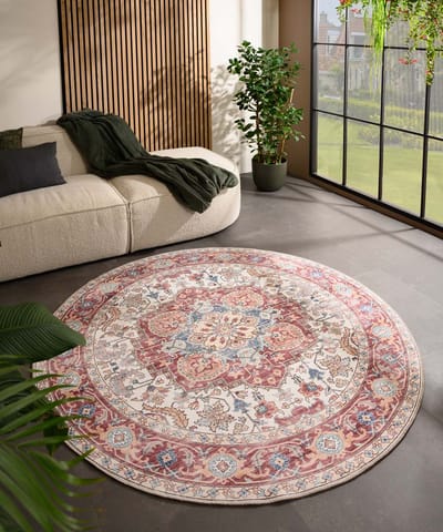 Rond vintage buitenkleed - Valenca Fino crème/rood 115