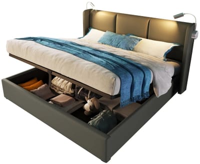 Tweepersoonsbed 160X200cm met opbergruimte en leeslamp met USB-oplaadfunctie – Grijs PU-leer.