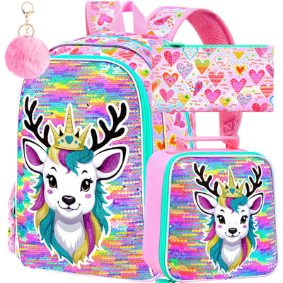 3-delige Set Rugzak met Glanzende Pailletten Herten Meisjes Schattige Schooltas Lunchbox Etui Kinderen Reis Dagrugzak
